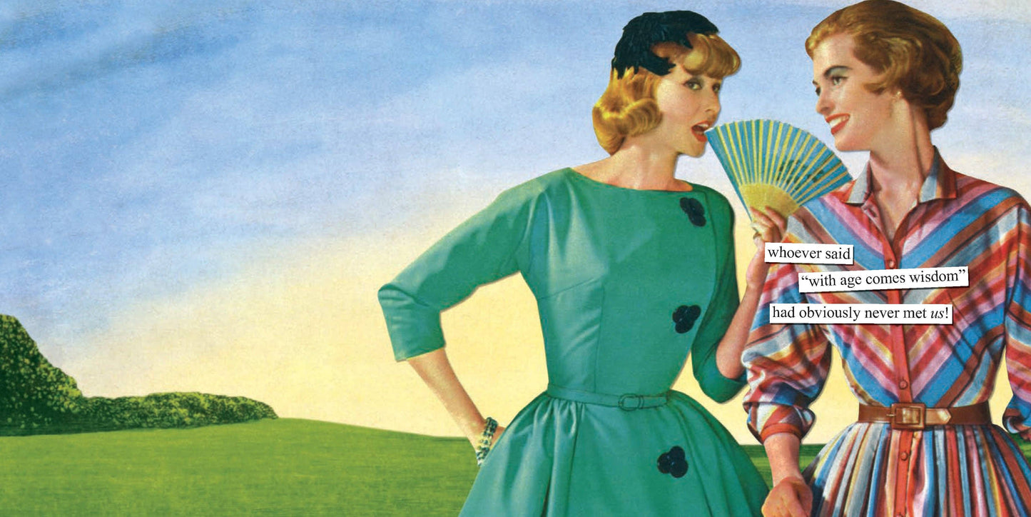 Two women in a field with one holding a fan, and text overlay.