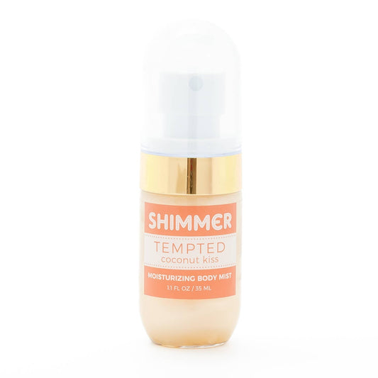 Shimmer Tempted coconut kiss moisturizing body mist bottle on a white background