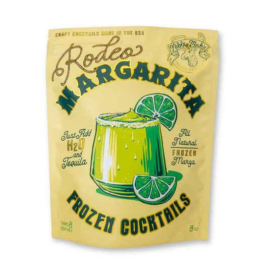 Rodeo Margarita frozen cocktail package with lime graphics on a yellow background