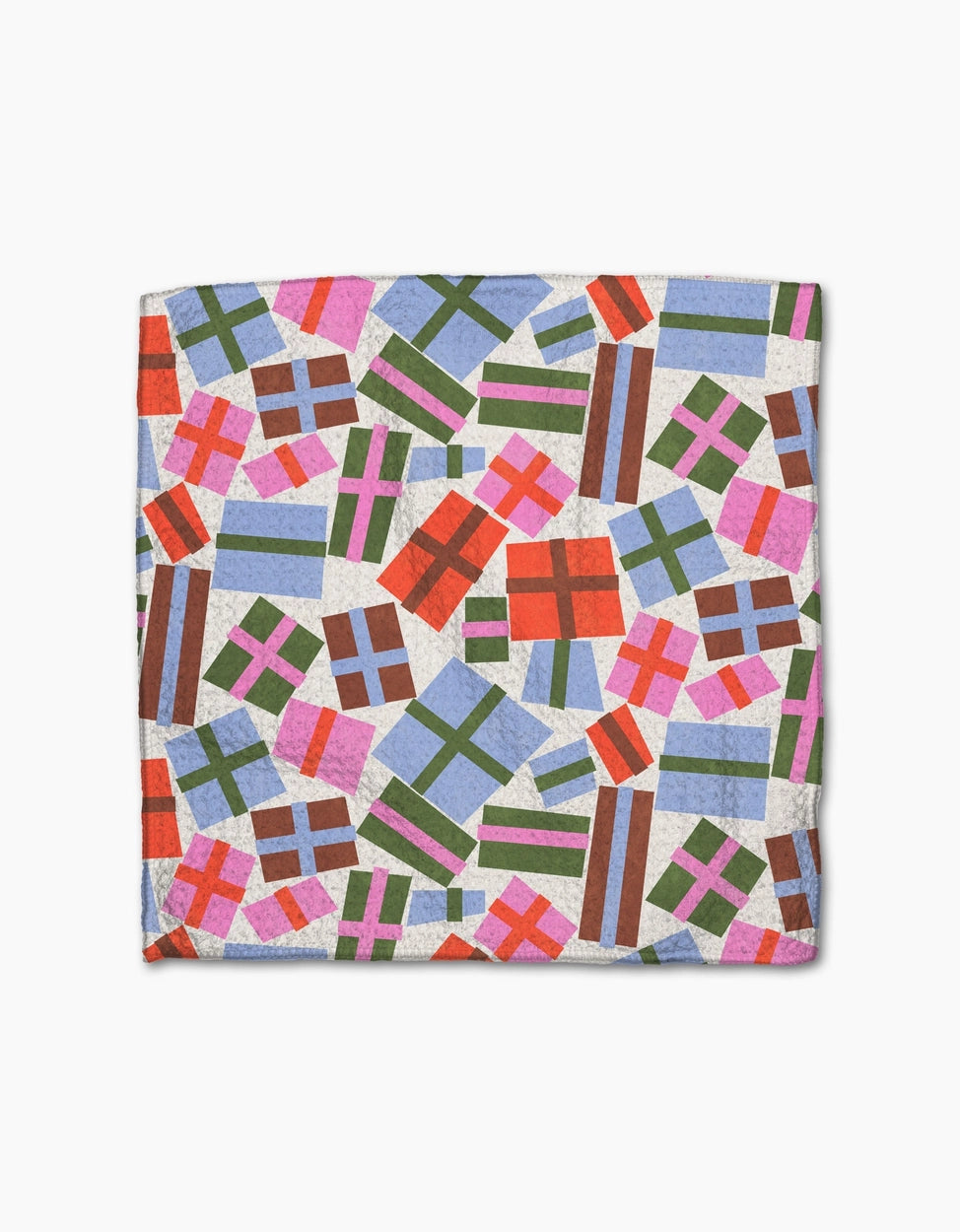Colorful quilt with geometric pattern on a white background