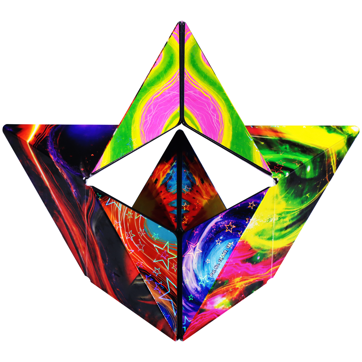 Colorful geometric star-shaped object with abstract patterns on a white background