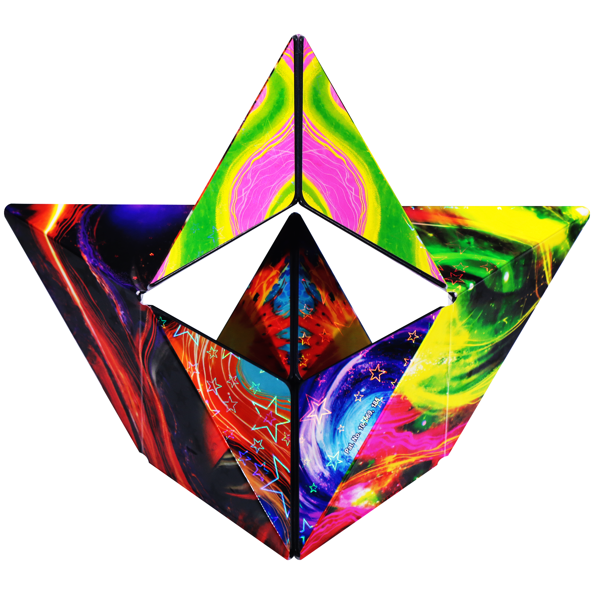 Colorful geometric star-shaped object with abstract patterns on a white background