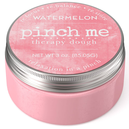 Pink container of 'pinch me' therapy dough with watermelon flavor on a white background