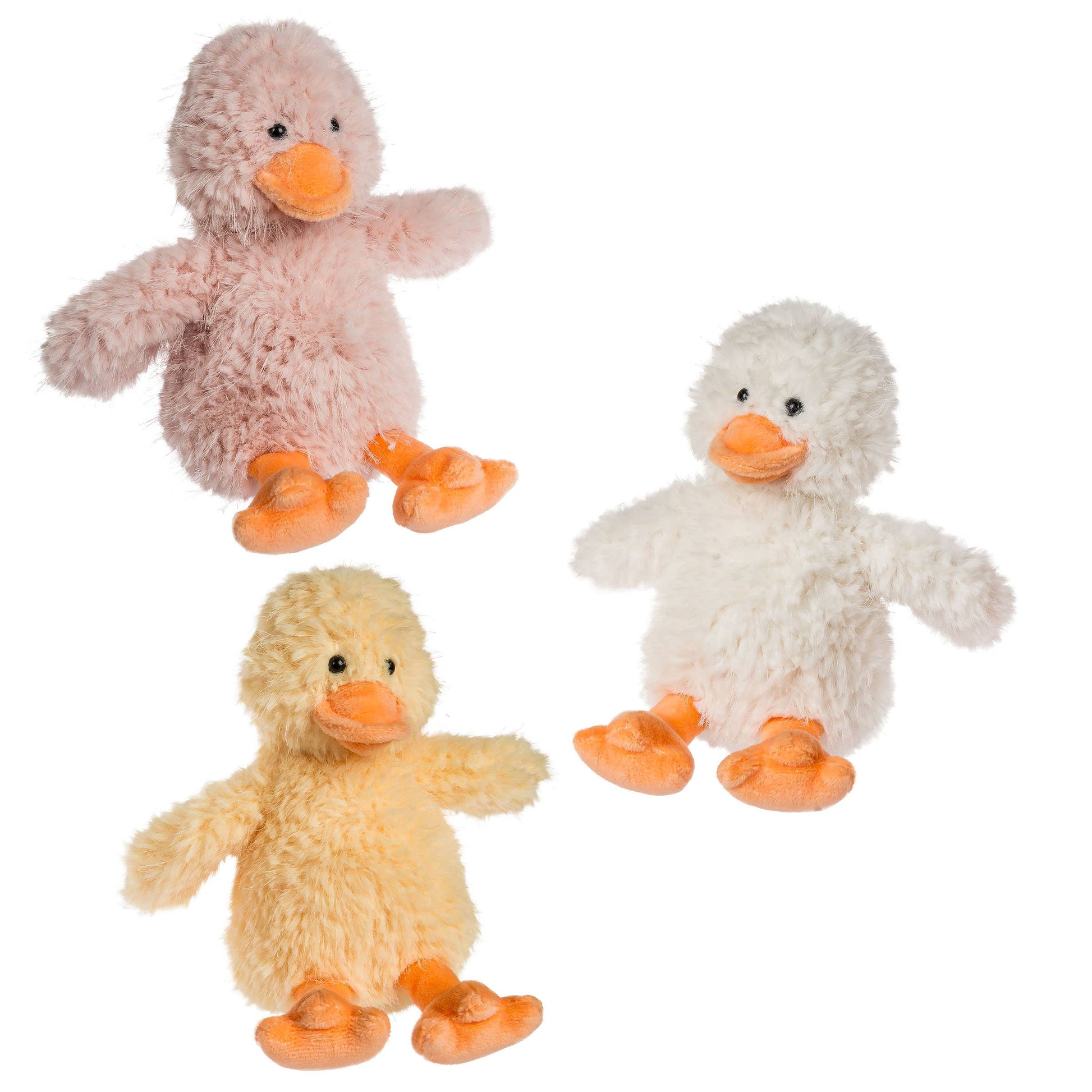 Three plush duck toys in different colors on a white background