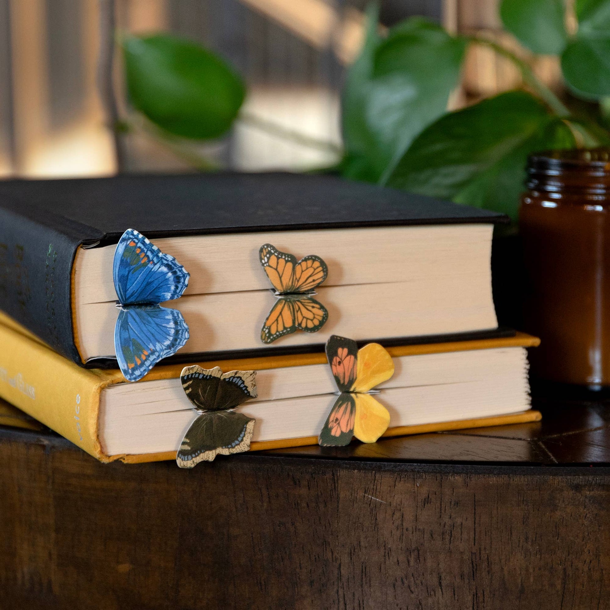 Butterfly-shaped bookmarks on a stack of books with a blurred plant and jar in the background.