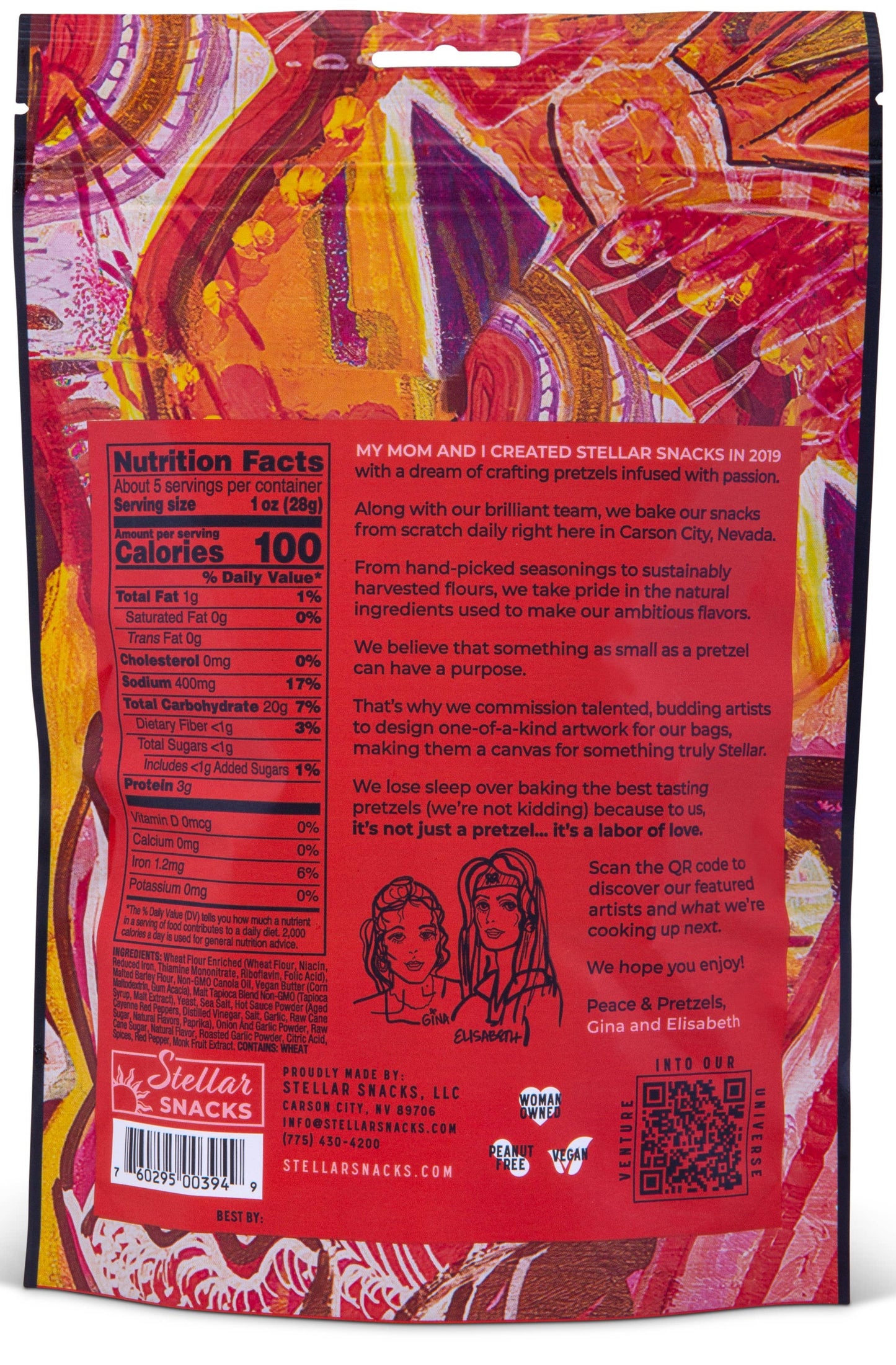 Stellar Snacks packaging with colorful design and nutrition facts label.