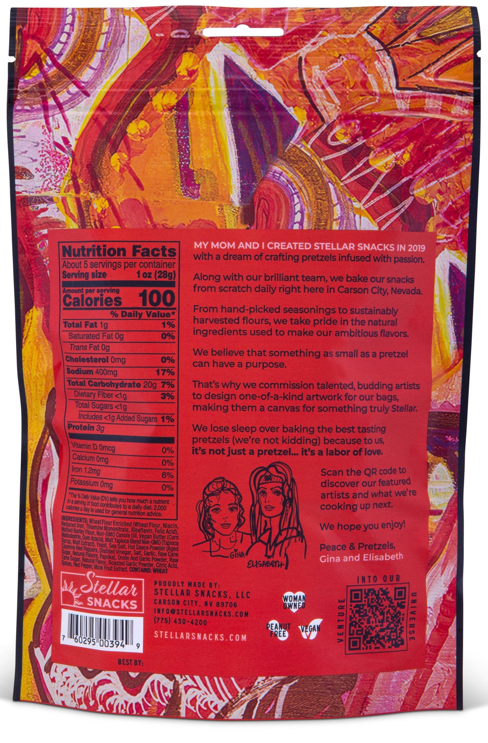 Stellar Snacks packaging with colorful design and nutrition facts label.