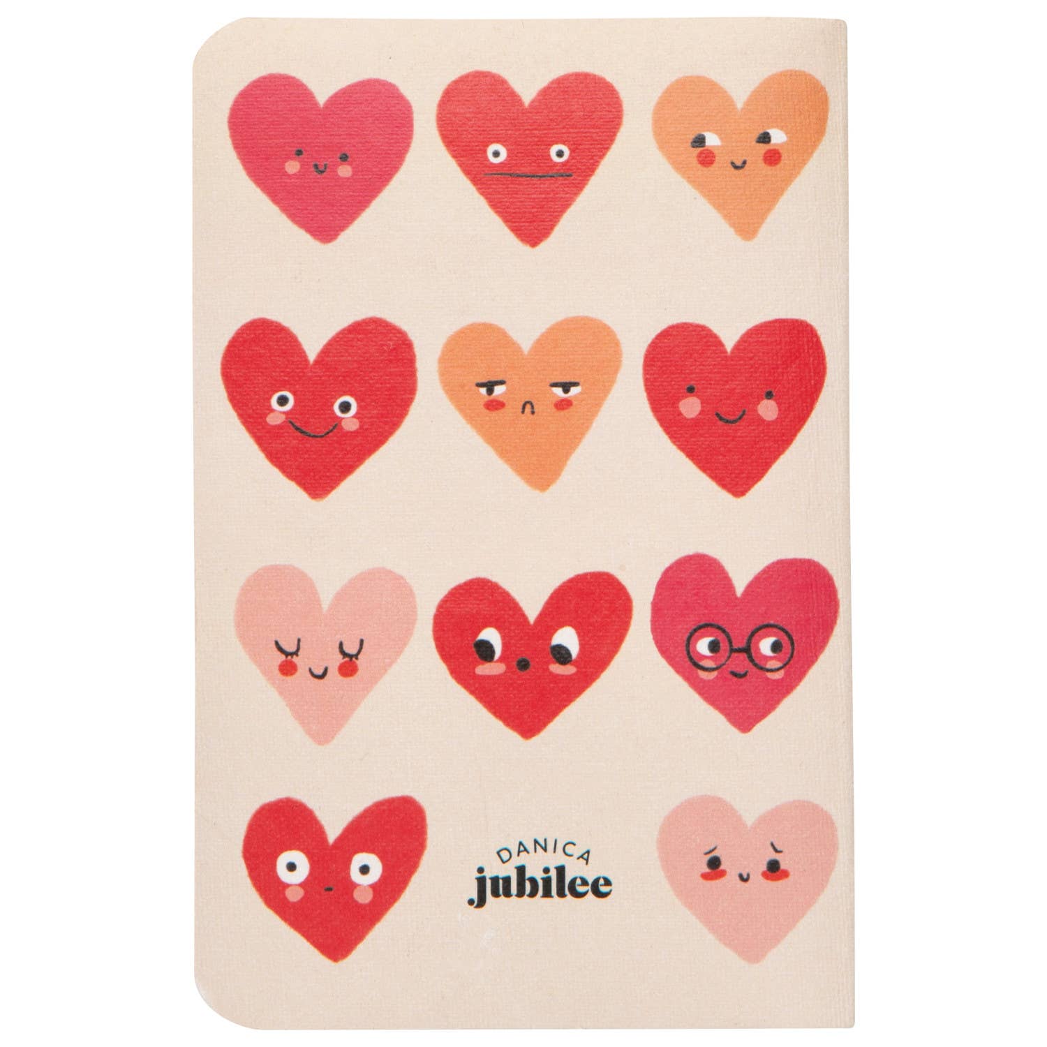 Notebook with heart-shaped designs on a beige background, featuring the brand 'Danica Jubilee'.