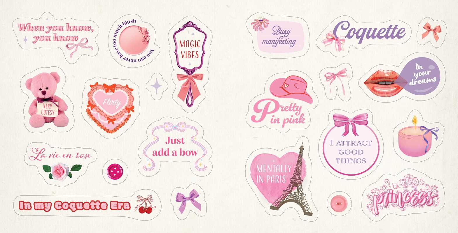Collection of pink and purple stickers with various designs and text like "Coquette", "Flirty", "Princess" on a white background
