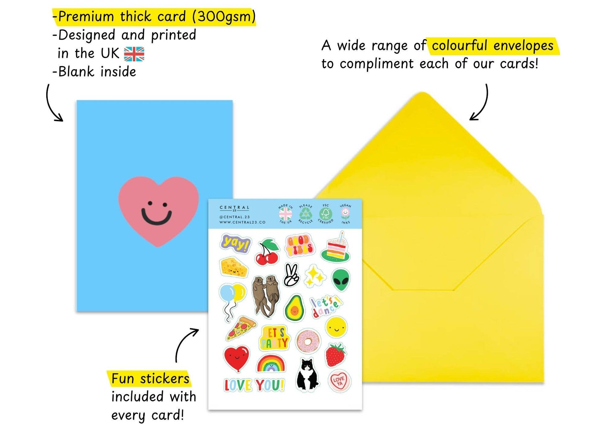 Greeting card with smiley heart, yellow envelope, and stickers on a white background