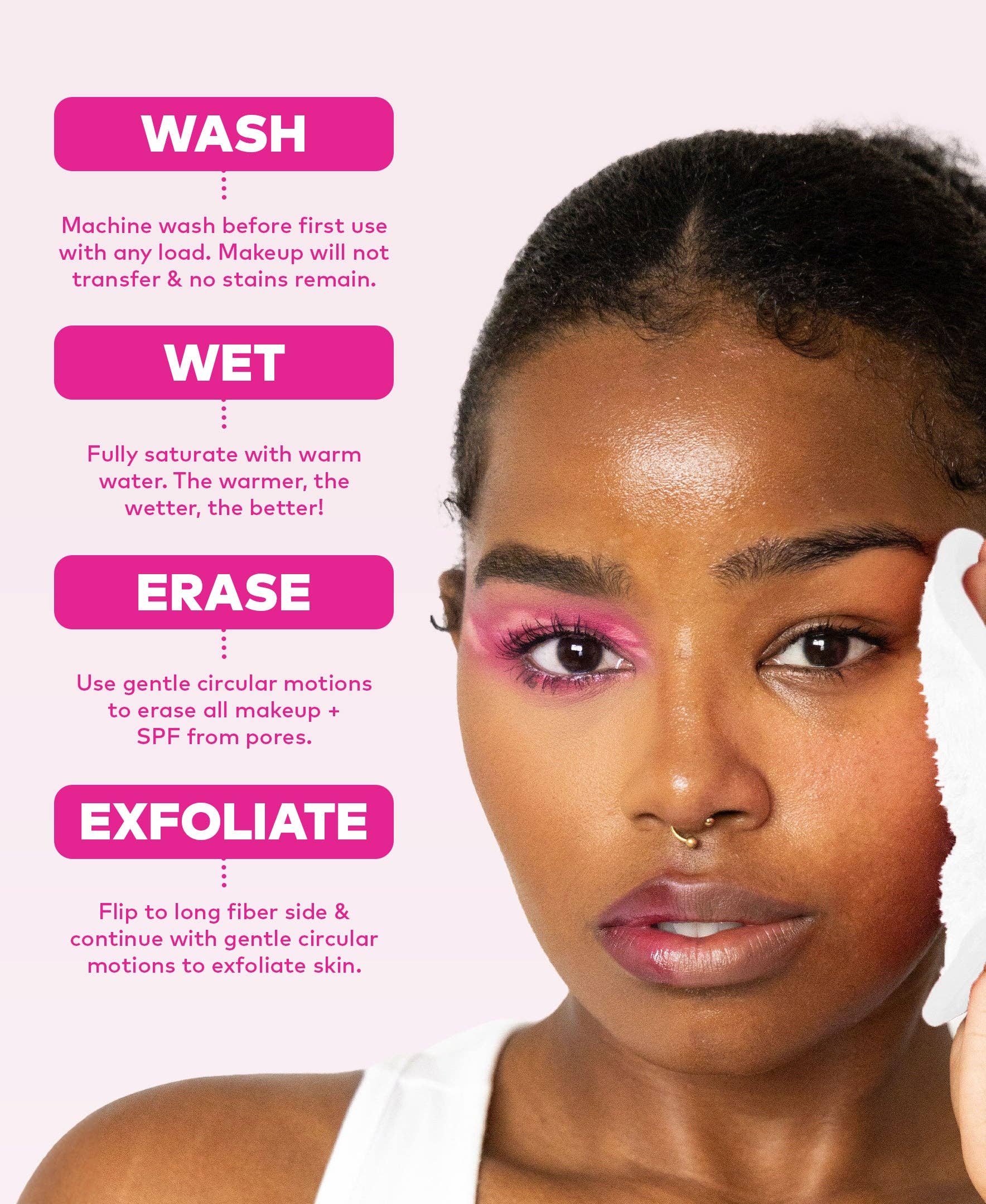 Woman cleaning her face with text instructions on a pink background