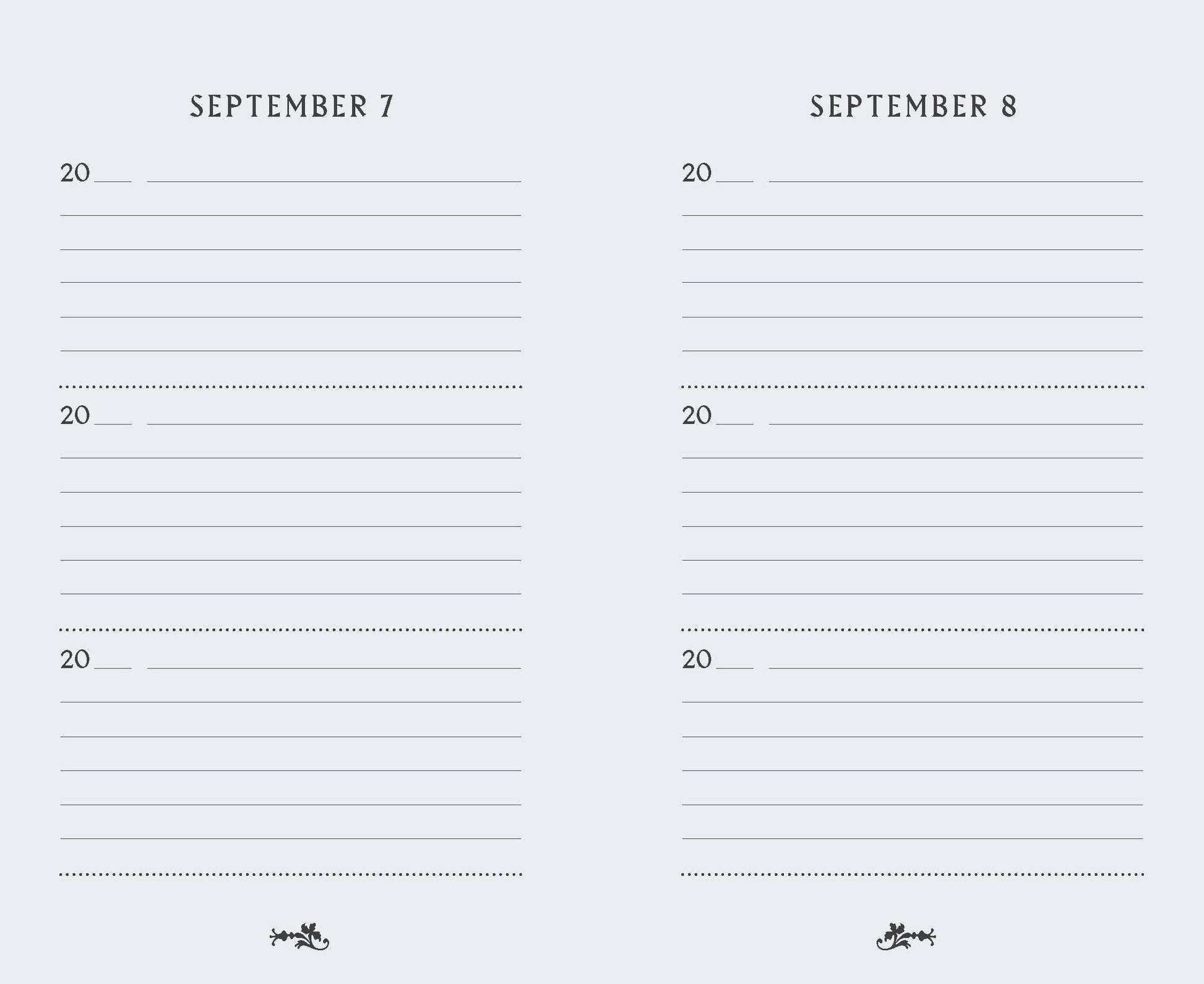 Two days of a calendar, September 7 and September 8, with blank lines for writing.