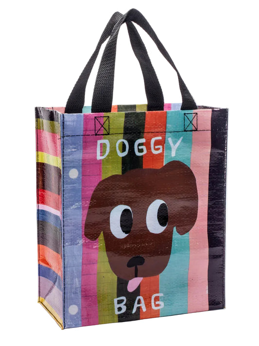 Colorful tote bag with a dog illustration and 'Doggy Bag' text on a white background