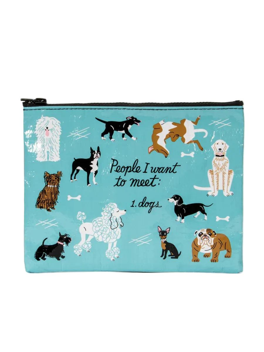 Pouch with dog illustrations and text on a blue background