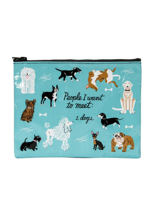 Pouch with dog illustrations and text on a blue background