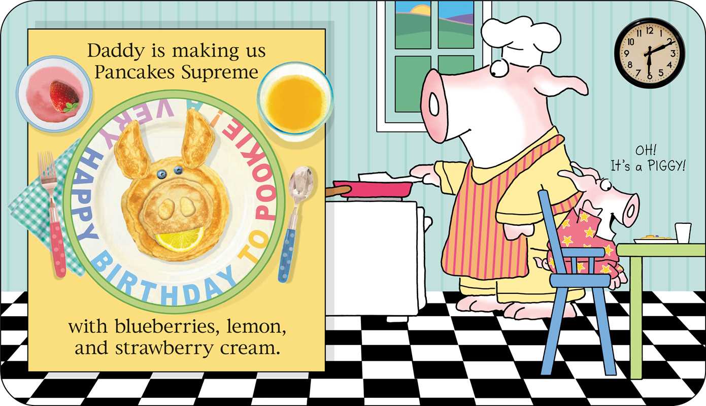 Illustration of a pig and his dad in a kitchen, making birthday pancakes