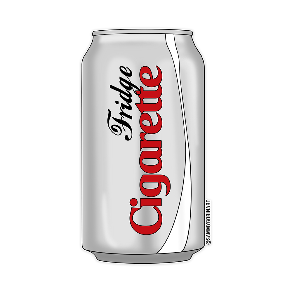 Silver can with 'Fridge Cigarette' text on a white background