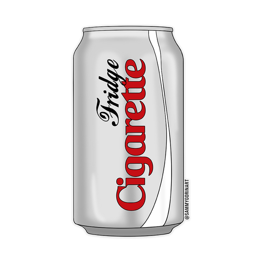 Silver can with 'Fridge Cigarette' text on a white background