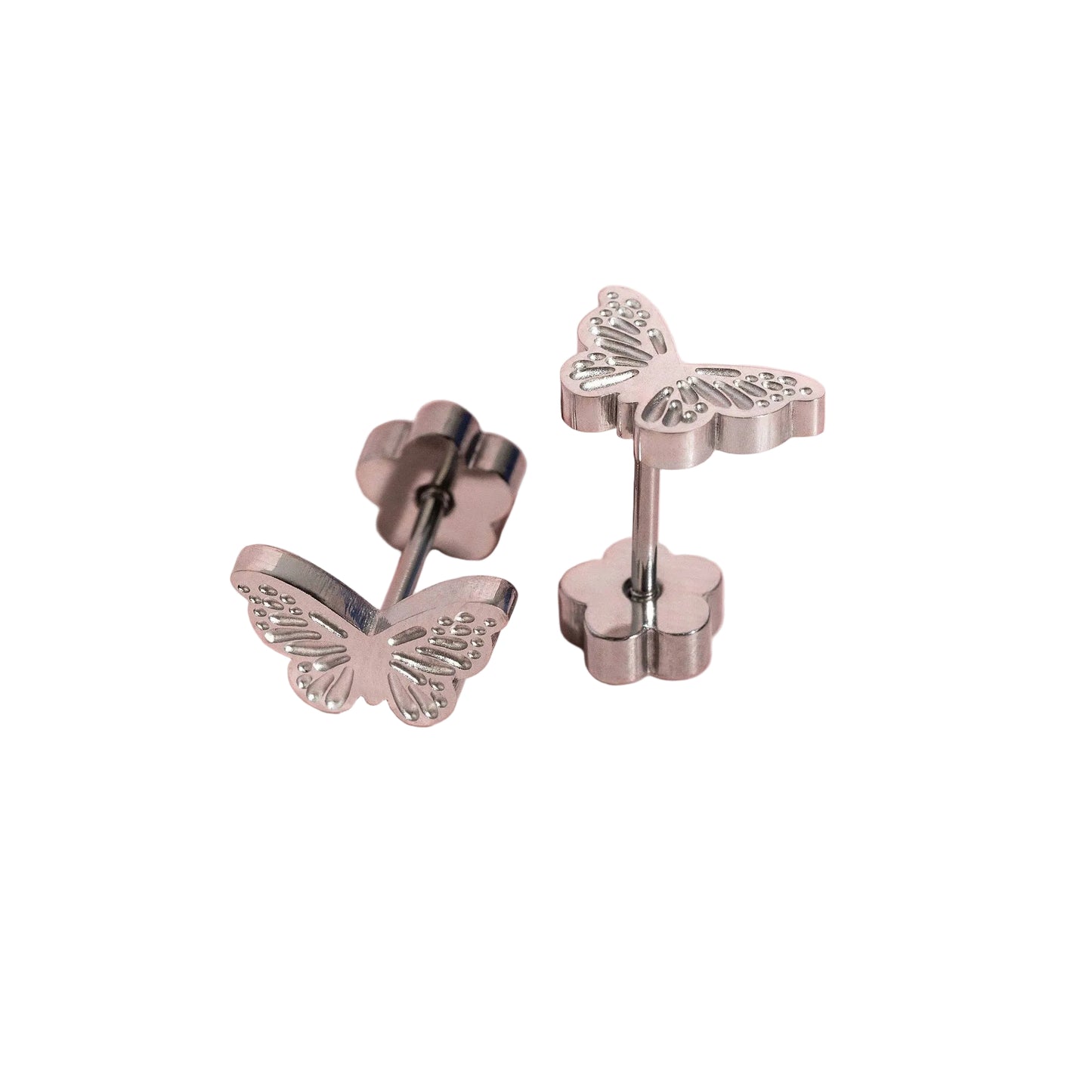 A pair of silver butterfly stud earrings shown on a white background, with one earring displaying the butterfly face and the other showing the post and backing.