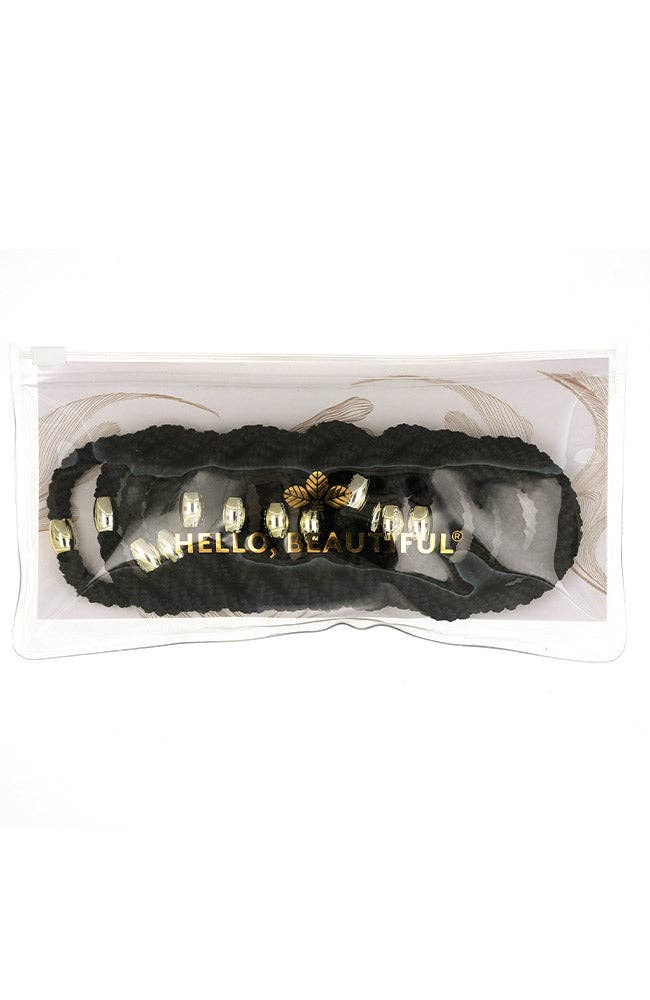Black hair clip with 'Hello Beautiful' text in gold on a white background