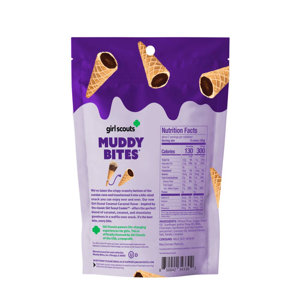 Purple packaging of Girl Scouts Muddy Bites with ice cream cone illustrations on a white background