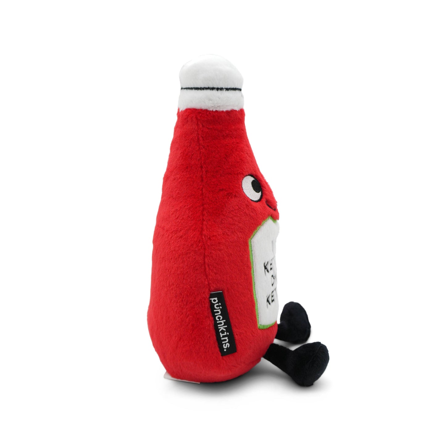 Red plush toy resembling a bottle with a white cap on a white background