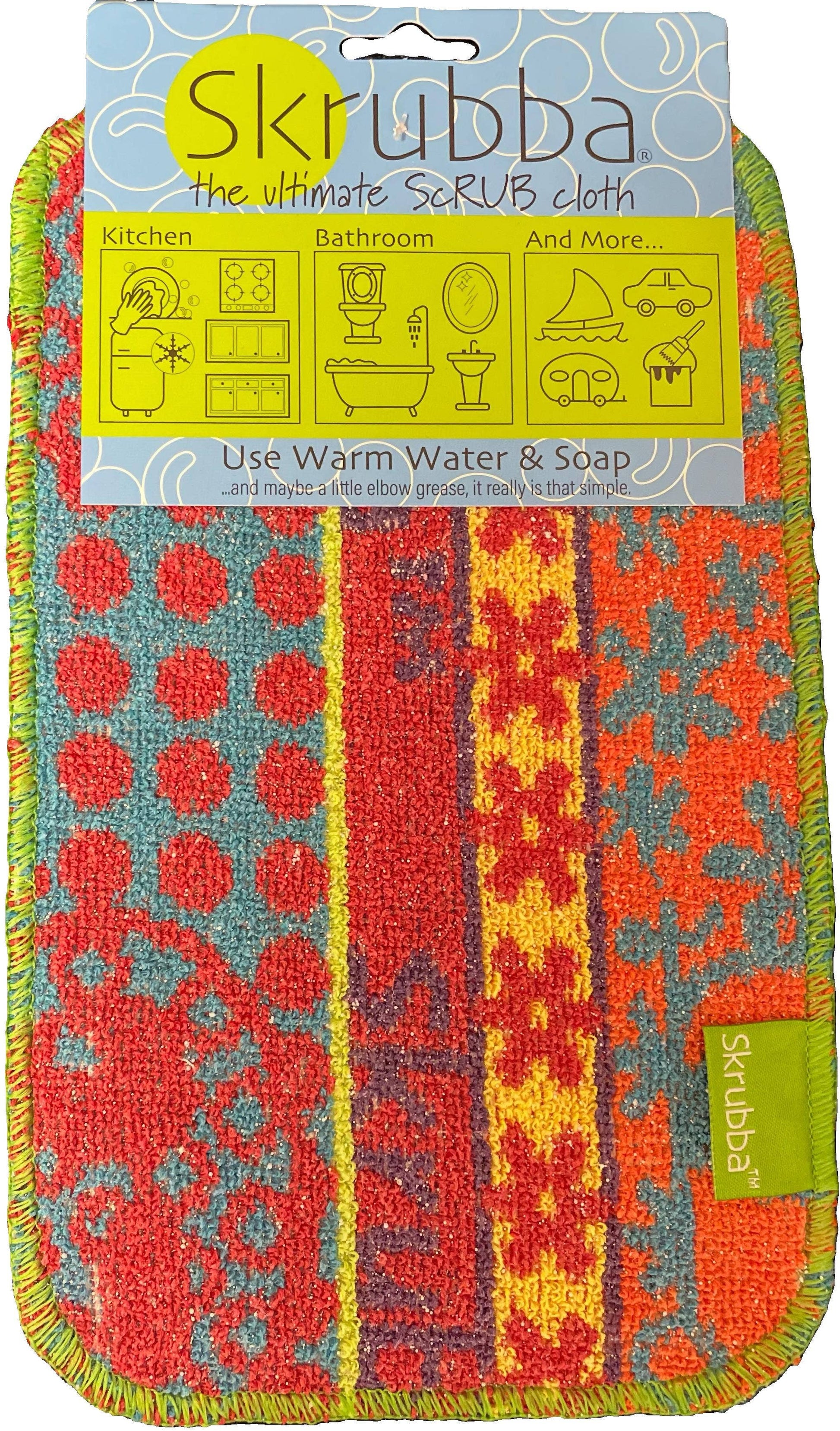 Skrubba cleaning cloth with colorful patterns on a packaging background