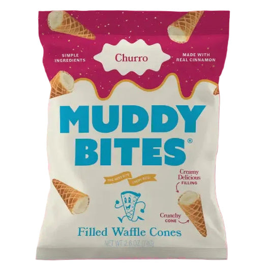 A bag of Muddy Bites Churro Filled Waffle Cones on a solid white background, with a kosher certification badge on the right.