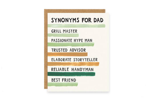 Card with synonyms for dad listed on a white background