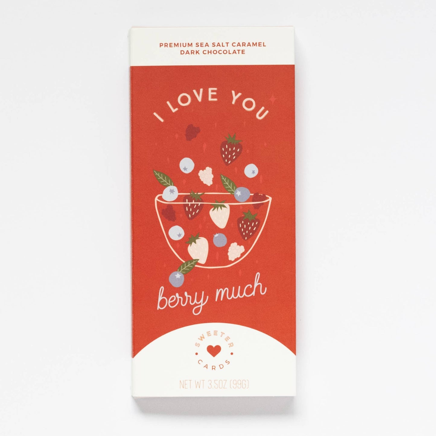 Chocolate bar packaging with 'I love you berry much' text and berry illustrations on a red background.