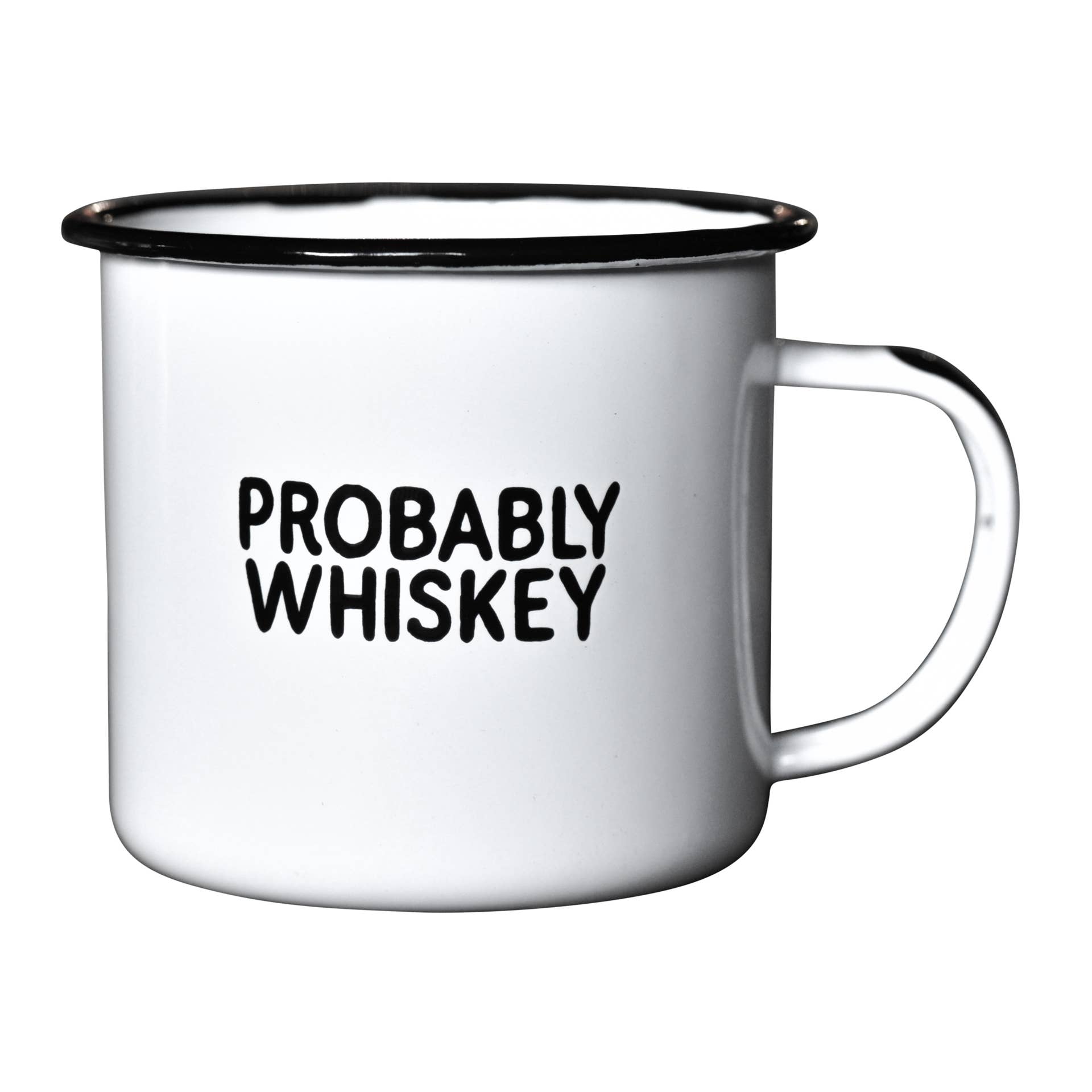 White mug with black rim and handle, featuring 'PROBABLY WHISKEY' text on a white background