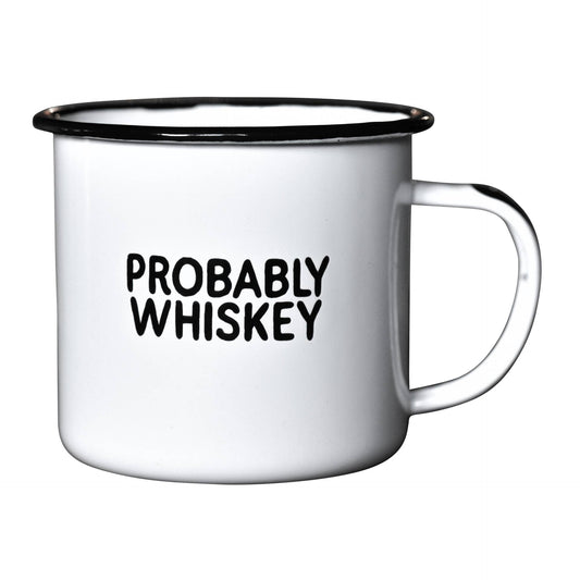 White mug with black rim and handle, featuring 'PROBABLY WHISKEY' text on a white background
