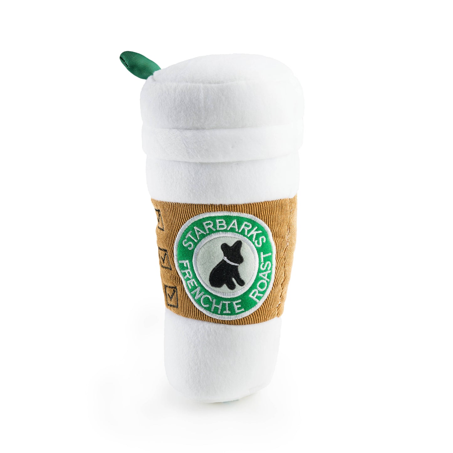 Dog toy shaped like a coffee cup with a Starbarks label on a white background