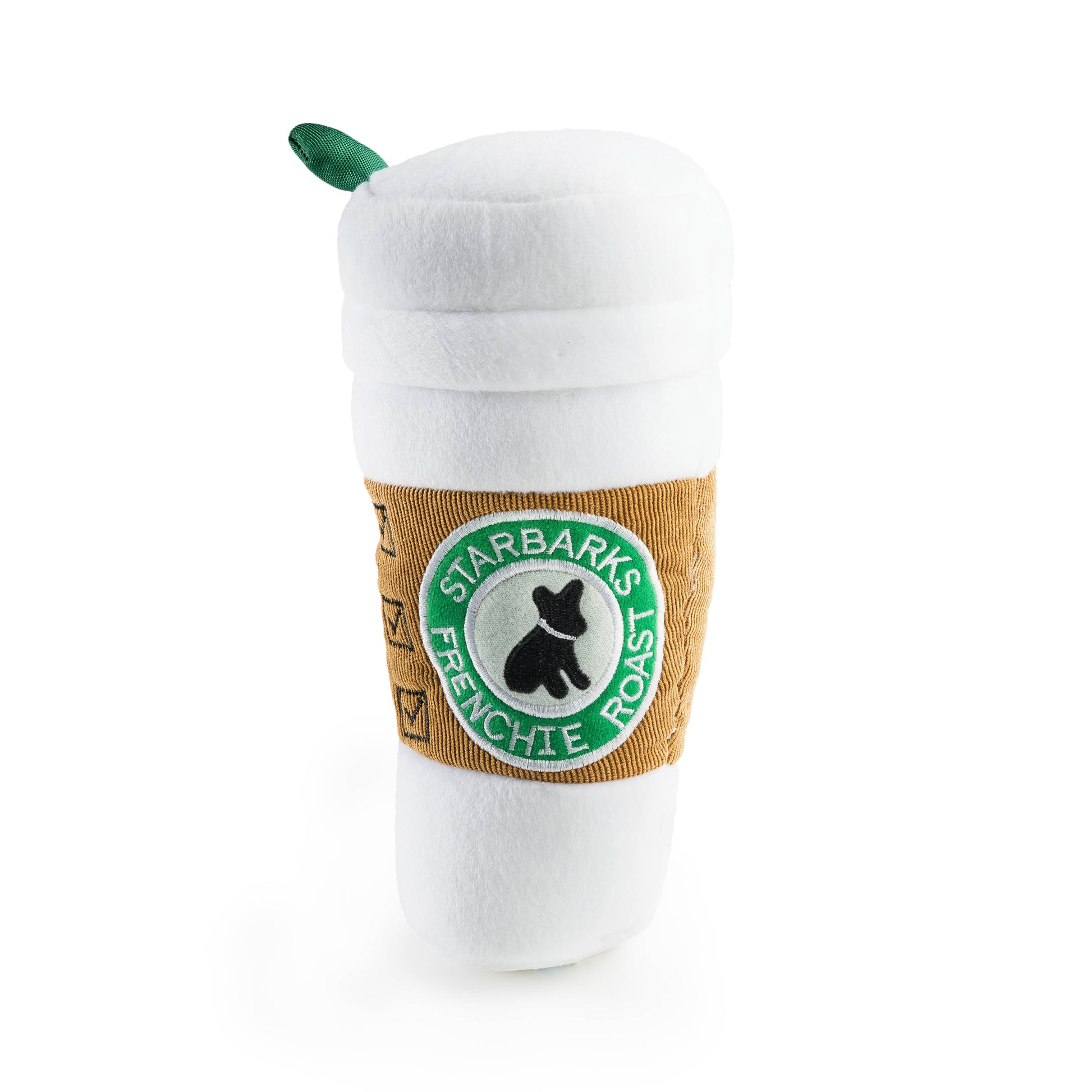 Dog toy shaped like a coffee cup with a Starbarks label on a white background