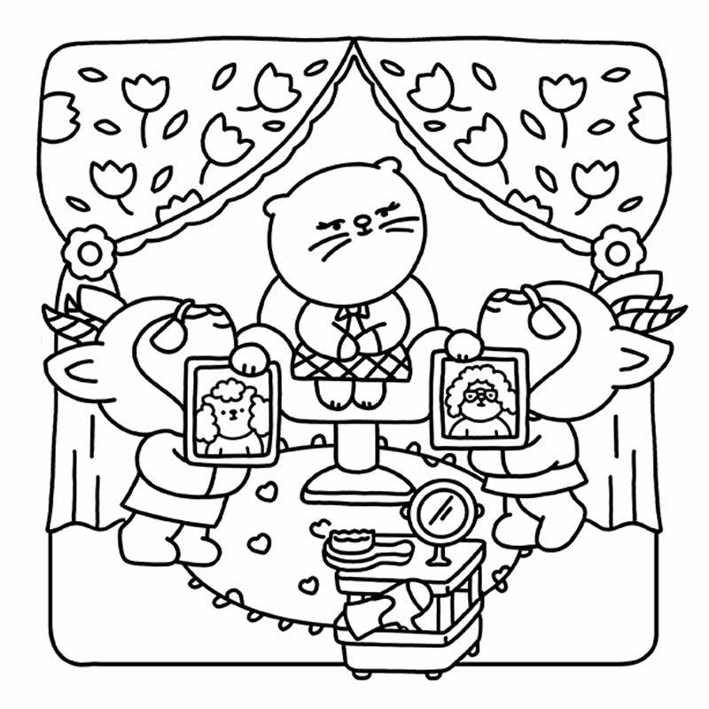 Cartoon characters with a baby in a crib, framed by floral curtains.