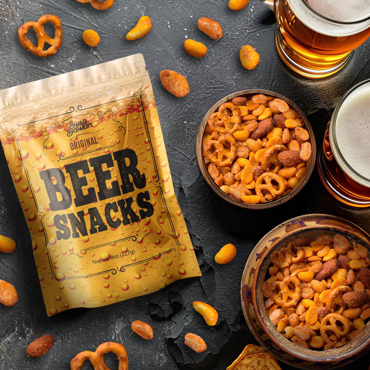 Packaging of 'Original Beer Snacks' with snacks and beer on a dark surface