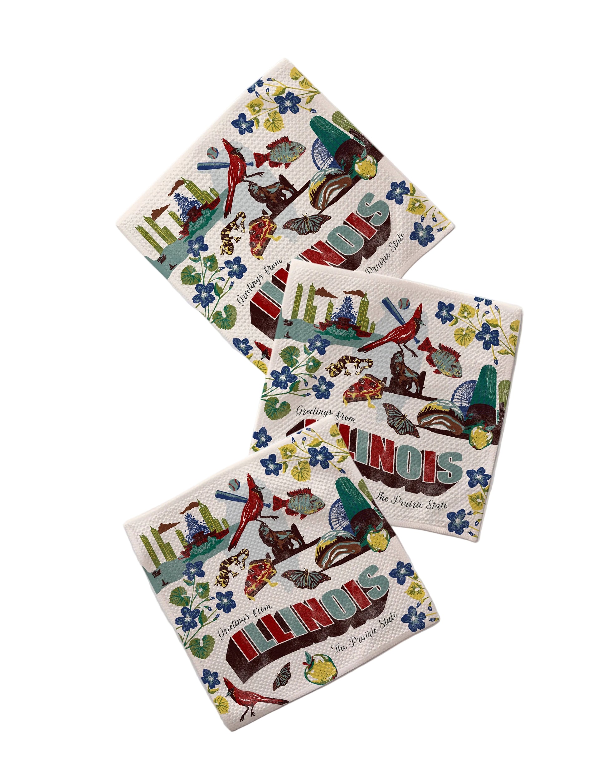 Four colorful coasters with 'Illinois' design on a marble surface