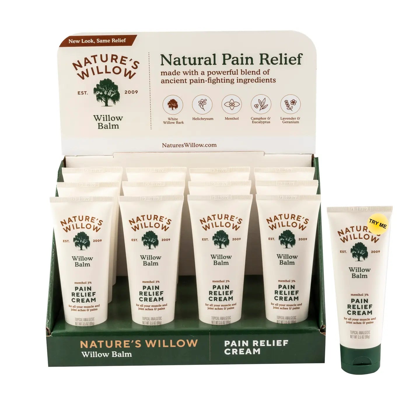 Nature's Willow pain relief products including balm and cream in a display box.