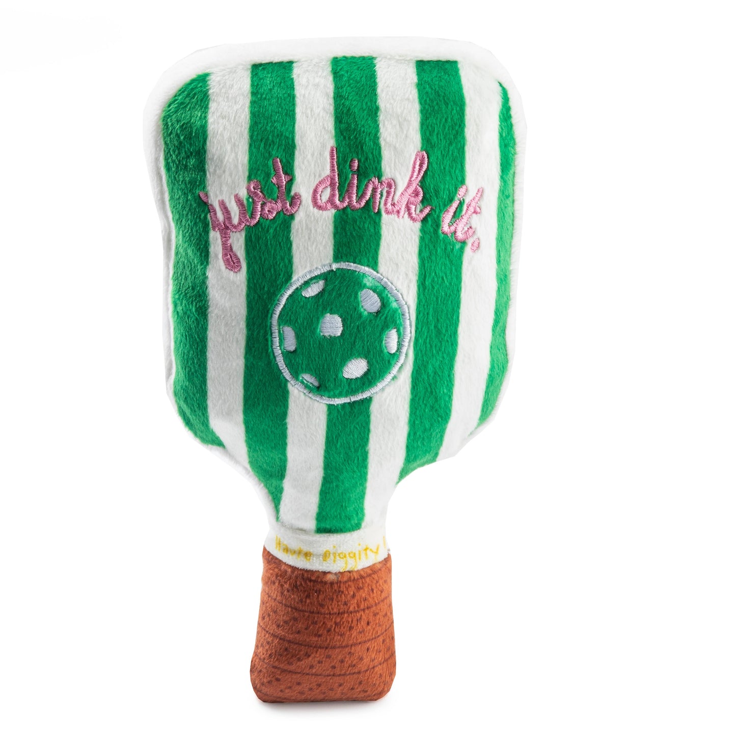 Green and white striped toy with 'just dink it' text and polka dot design on a white background
