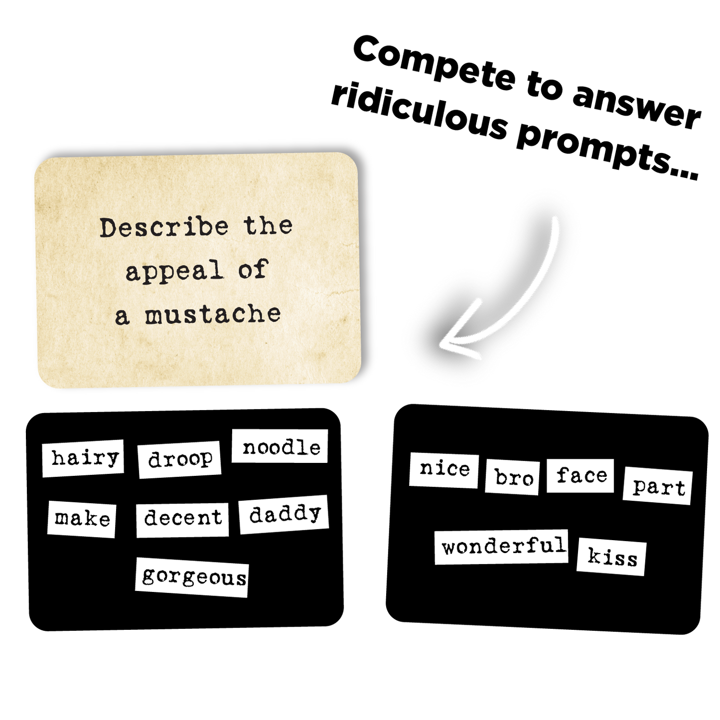 Gameboard with cards labeled 'Describe the appeal of a mustache' and various related words.