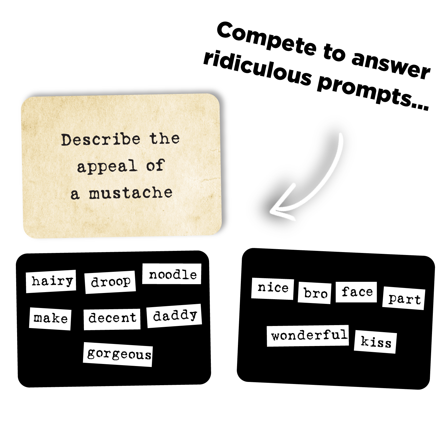 Gameboard with cards labeled 'Describe the appeal of a mustache' and various related words.