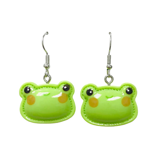 Green frog-shaped earrings on a white background