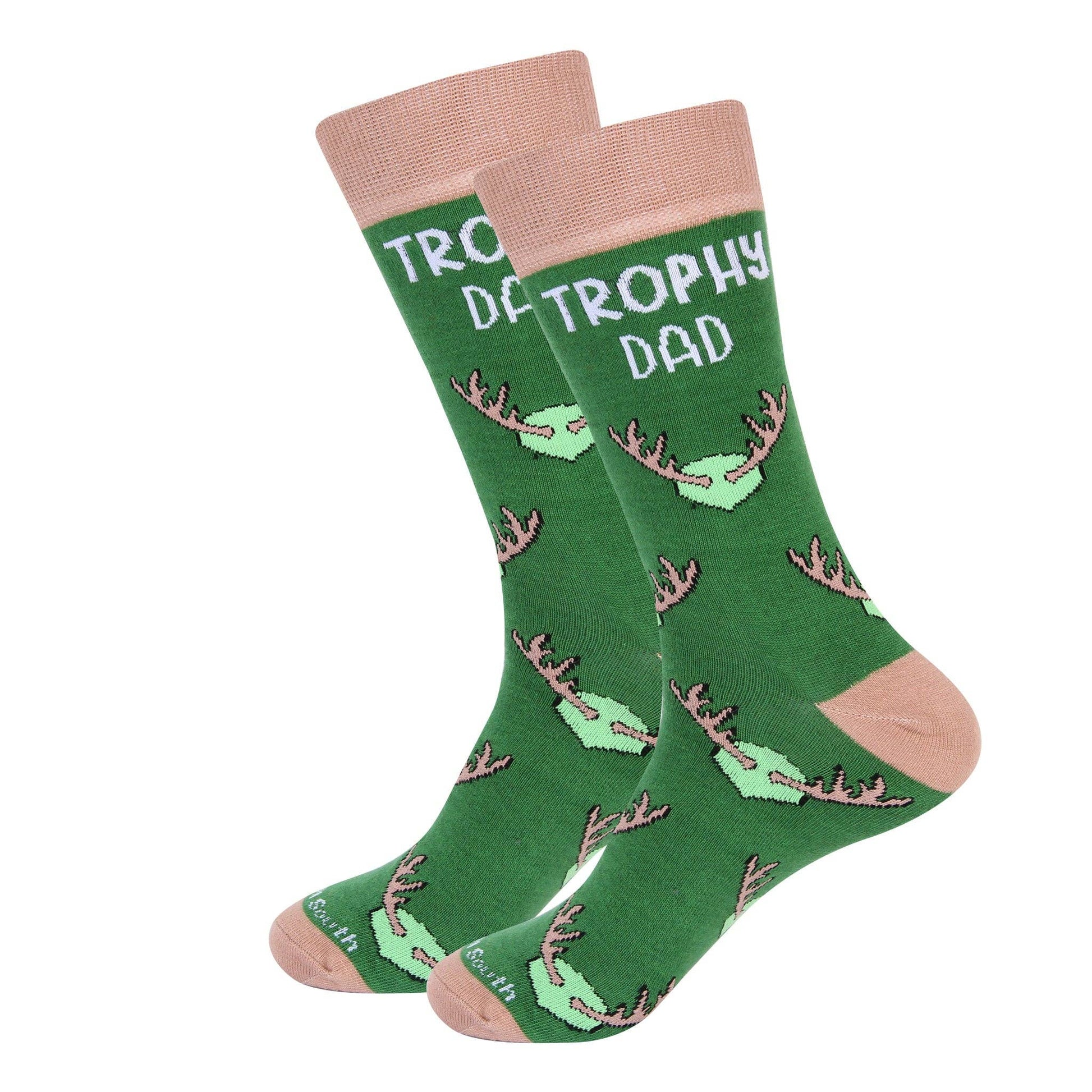 Green socks with antler pattern and 'Trophy Dad' text on a white background