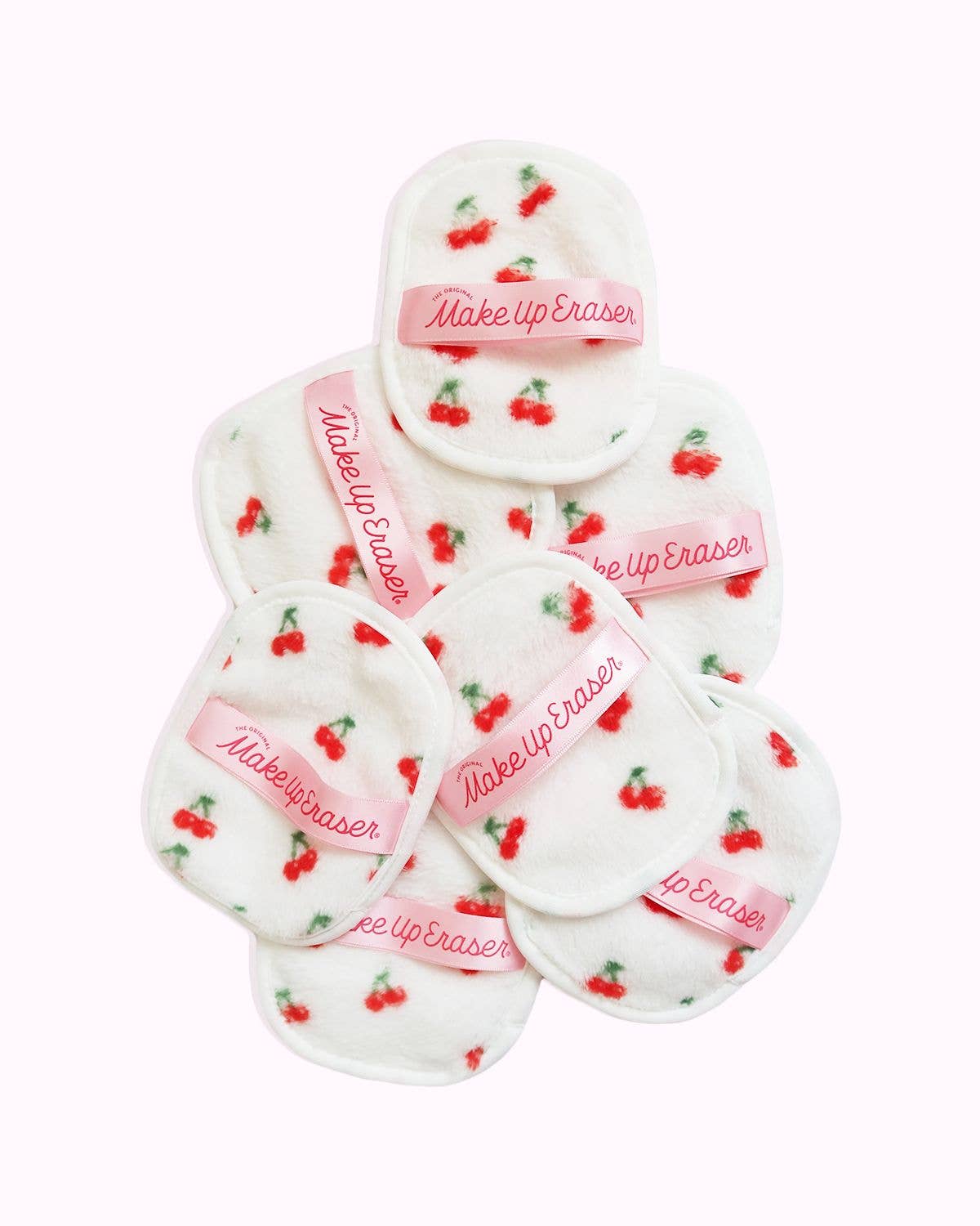 Make-up erasers with cherry design and 'Makeup Eraser' text on a white background