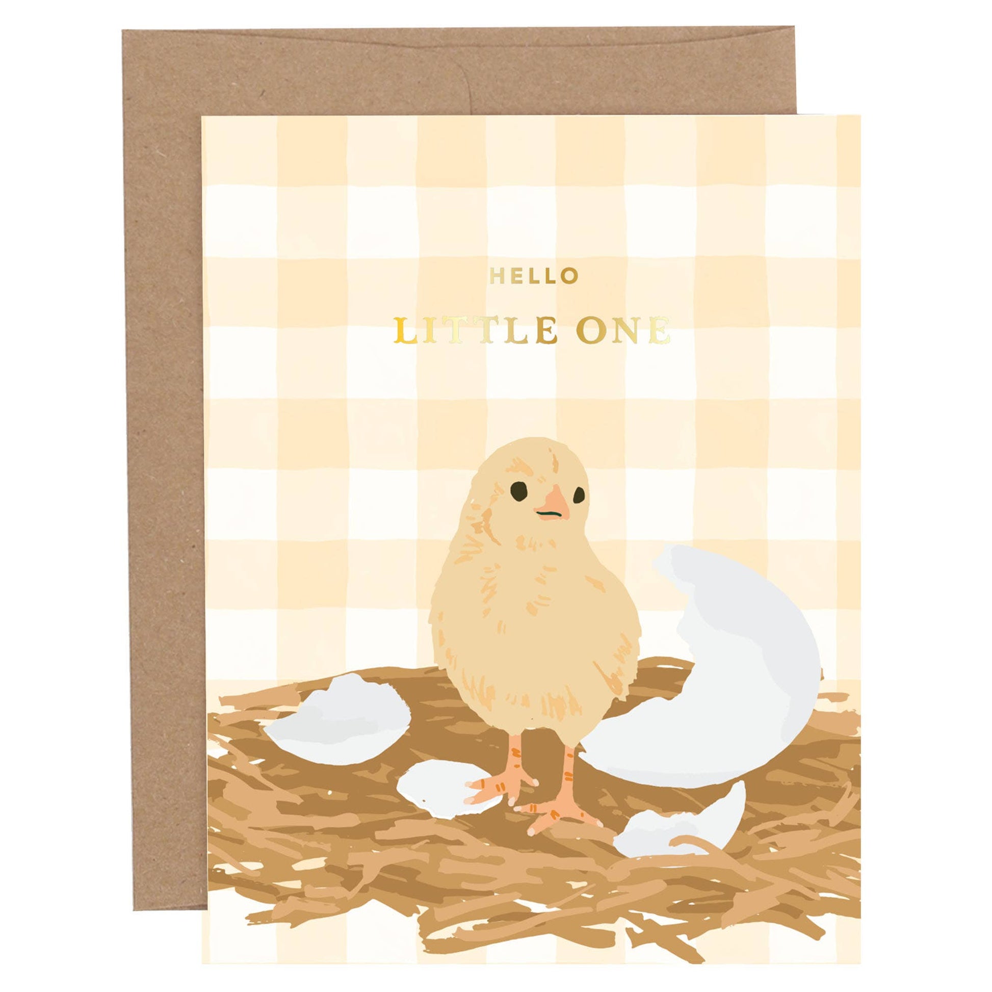 Greeting card with a chick illustration and 'Hello Little One' text on a checkered background