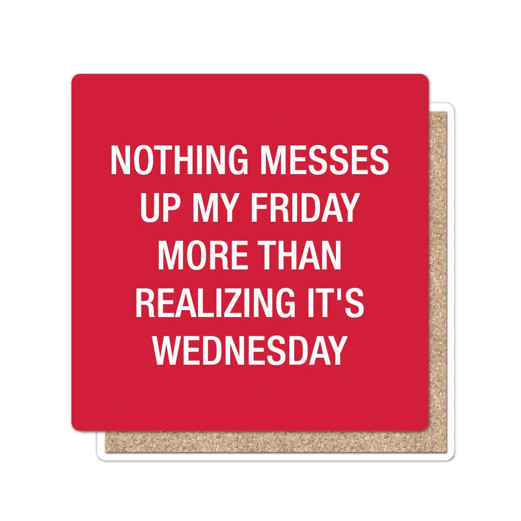 Red coaster with white text on a white background