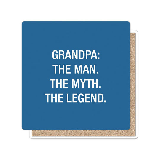 Blue card with white text 'GRANDPA: THE MAN. THE MYTH. THE LEGEND.' on a white background