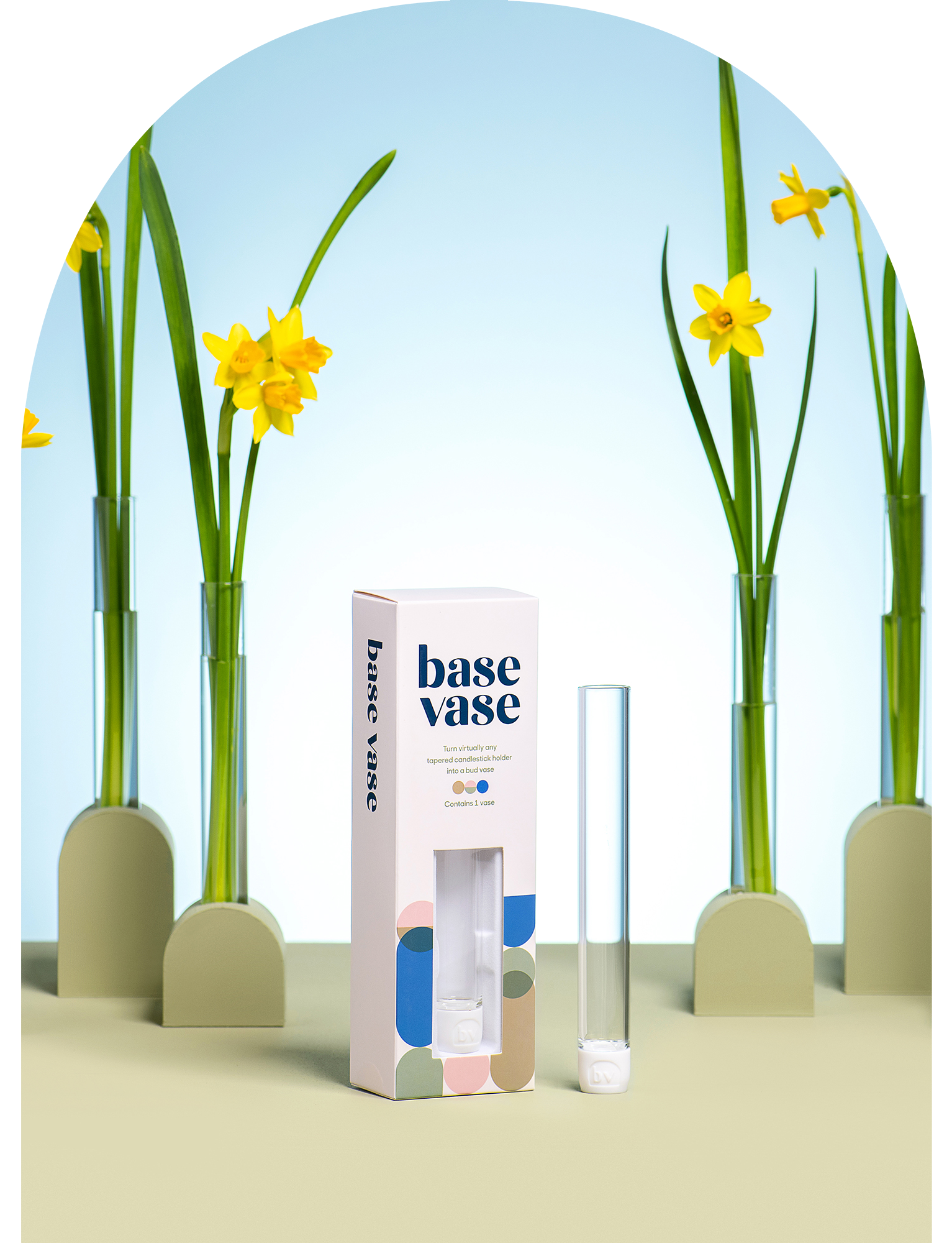 Base Vase packaging with a clear vase and daffodils in the background