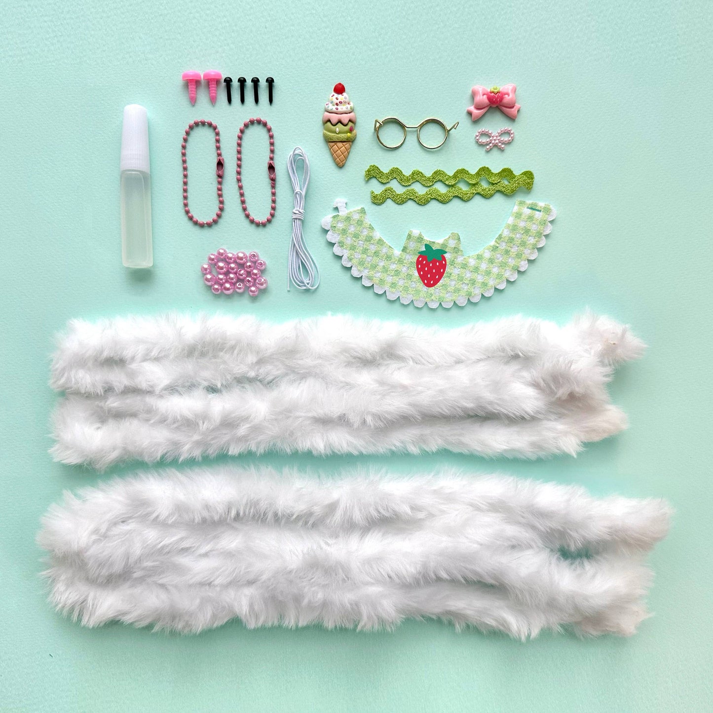 Collection of costume accessories including white feathered headbands, jewelry, and decorative items on a light blue background.