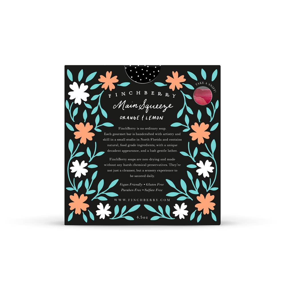 Finchberry soap packaging with floral design on a white background